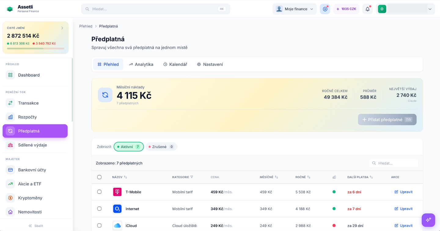 Assetli — Správa předplatných