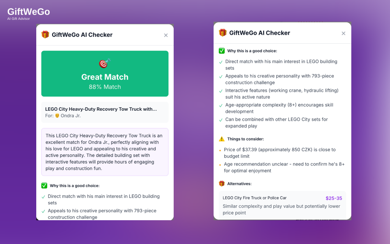 GiftWeGo AI Checker — Great Match výsledek