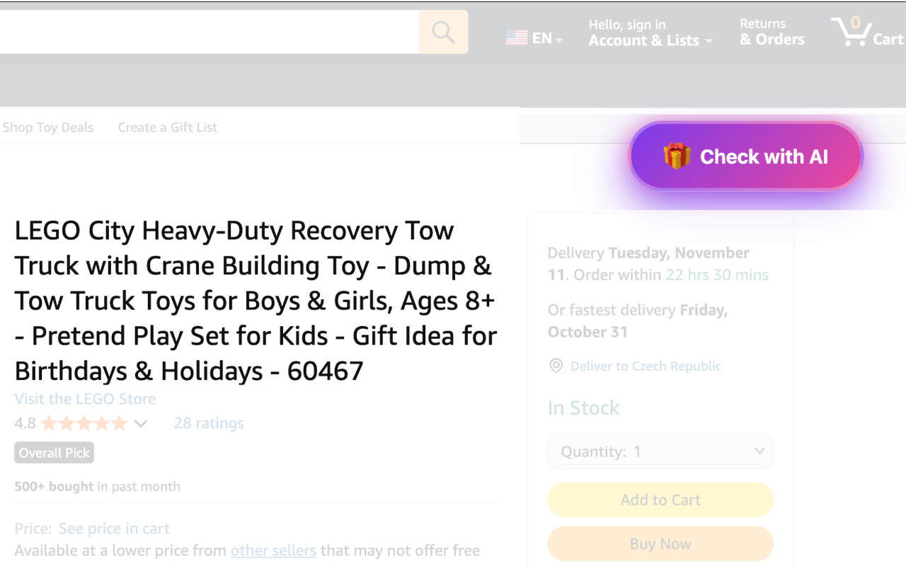 GiftWeGo AI Checker — tlačítko na Amazonu