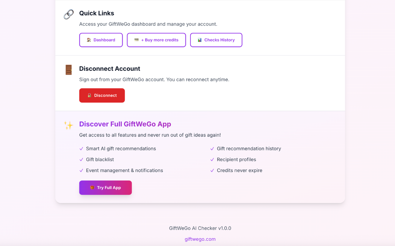 GiftWeGo AI Checker — quick links a propojení