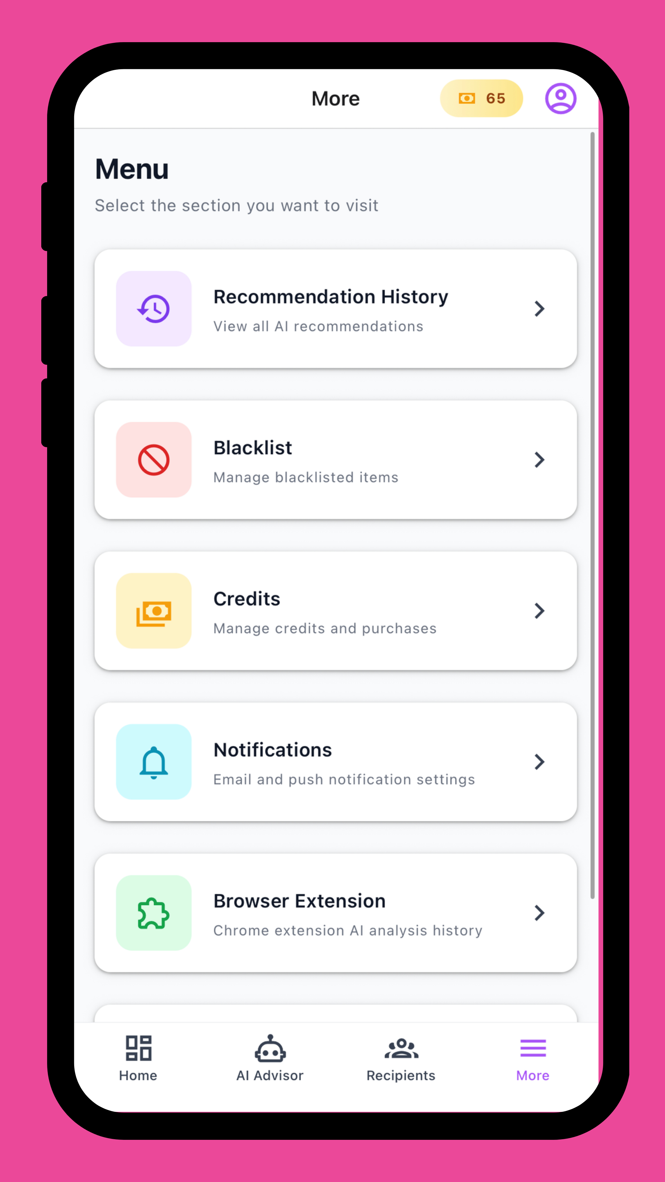 GiftWeGo Mobile — Menu